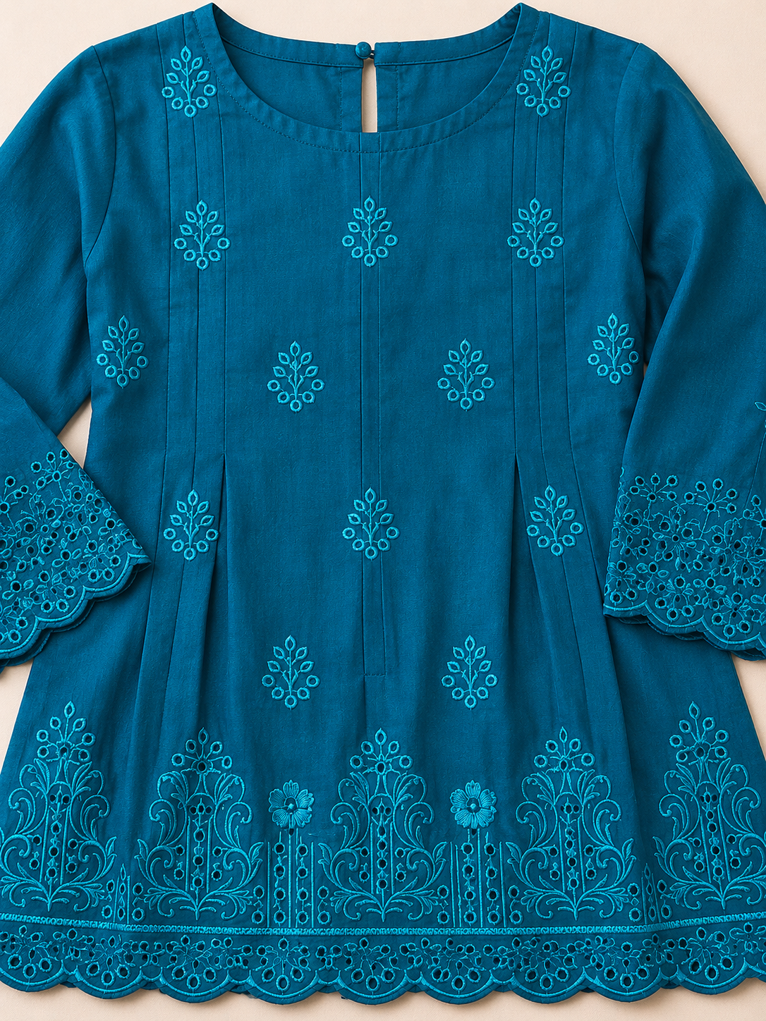 Girls Teal Blue Embroidered Kurti Trouser Set