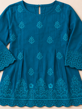 Girls Teal Blue Embroidered Kurti Trouser Set