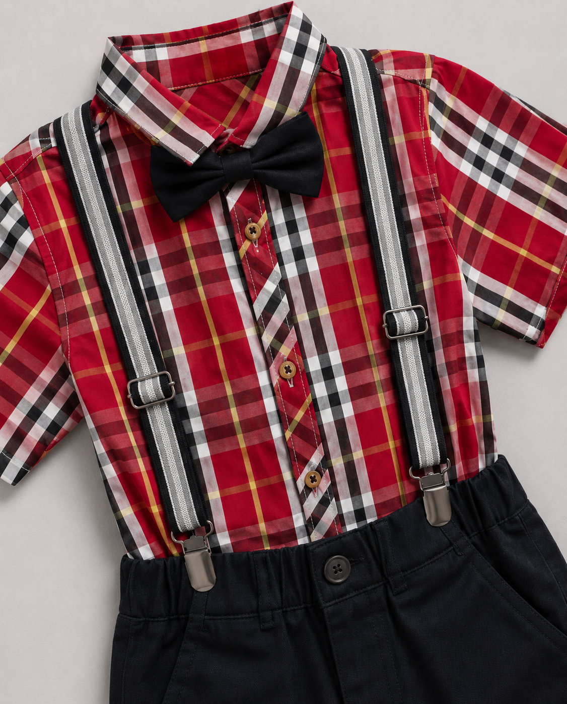 Boys Premium Formal Suspender Outfit – Plaid Shirt, Shorts & Bow Tie 4 Piece Set