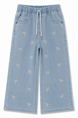 Girls Light Blue Bow Embroidered Wide Leg Jeans