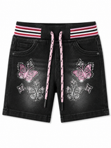 Girls Black Butterfly Denim Shorts – Stylish Printed Kids Summer Shorts