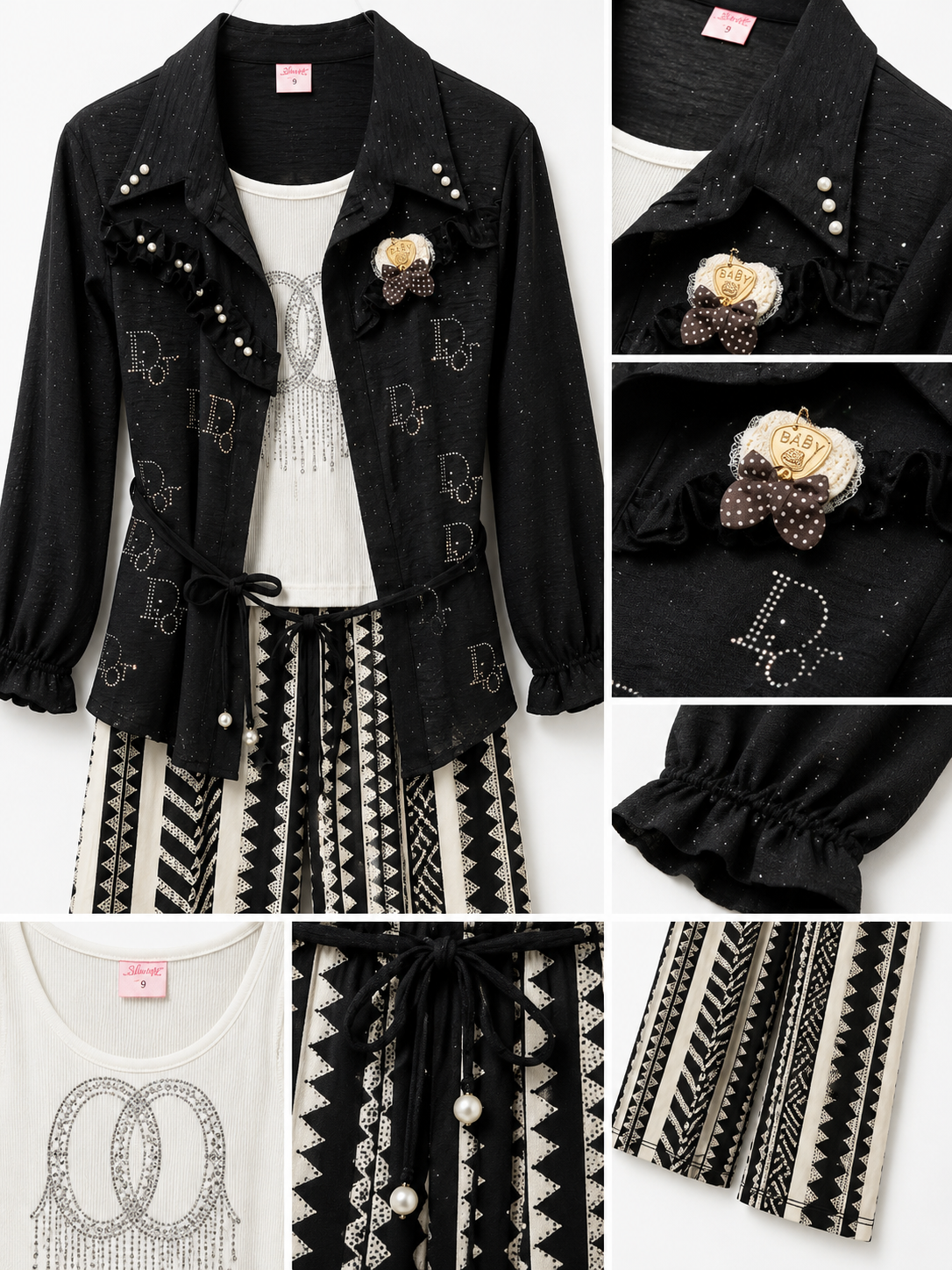 Girls Black 3-Piece Fashion Co-ord Set – Embellished Inner Top, Belted Shirt & Printed Wide Leg Pants