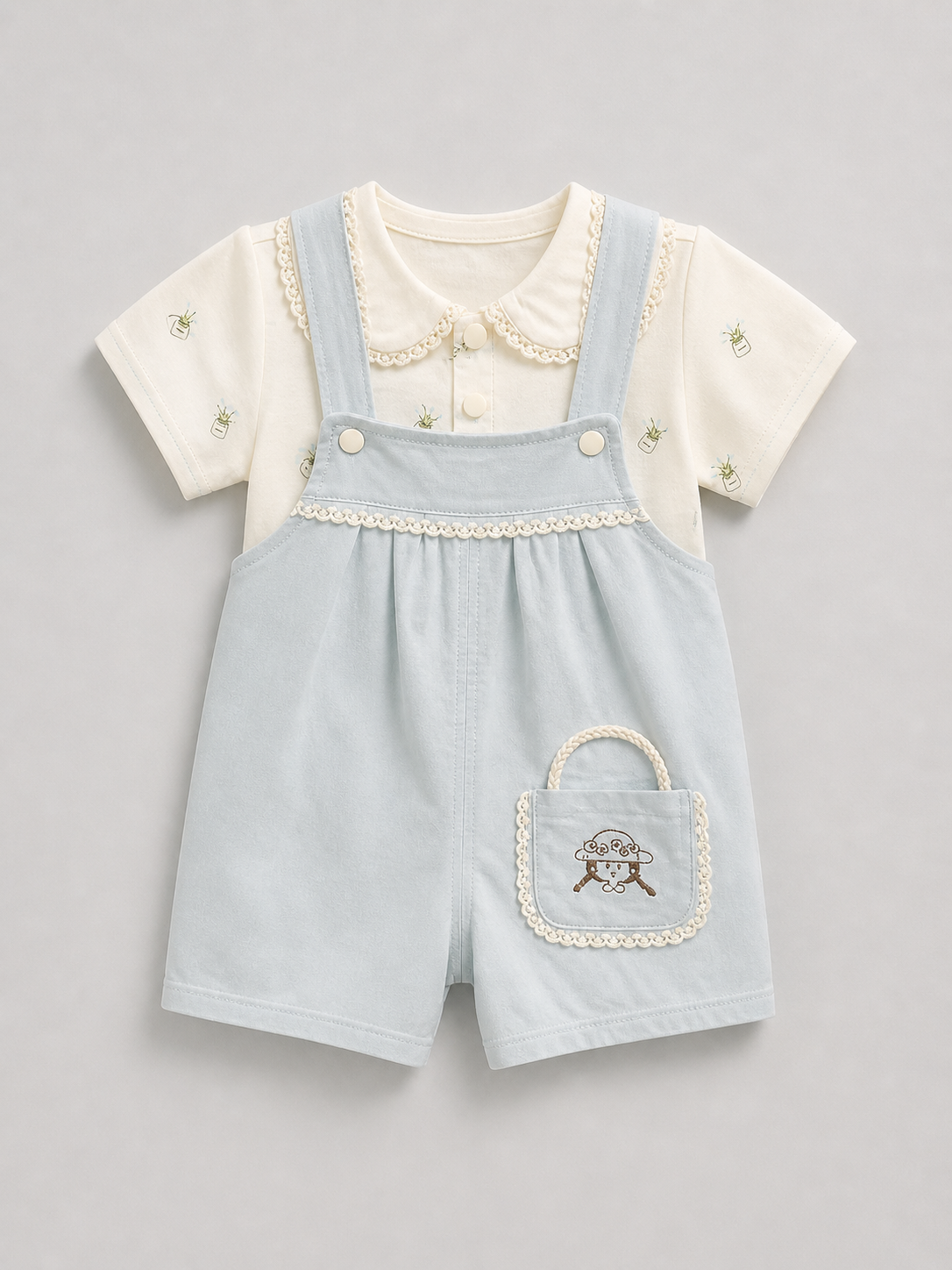 Baby Girls Cute Dungaree Romper Set – Soft Cotton Top & Suspender Shorts Outfit (2 Pcs)