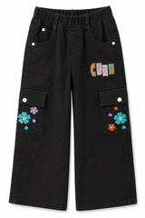 Girls Black Cargo Wide Leg Jeans – Floral Embroidered Denim Pants