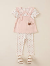 Girls Peach Frill Top & Printed Leggings Set – Casual Cotton Outfit