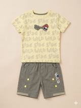 Boys Light Yellow Graphic T-Shirt & Olive Shorts Set – Casual Cotton Summer Outfit