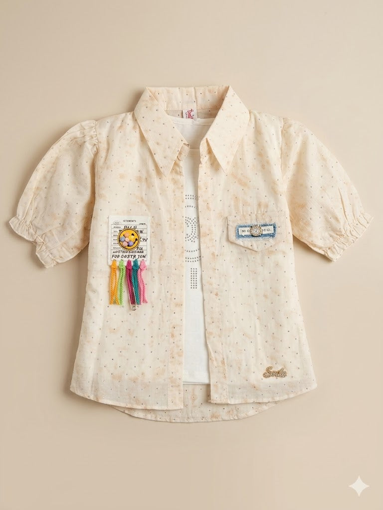 Girls Cream Embellished Puff Sleeve Shirt with Inner Tee Set