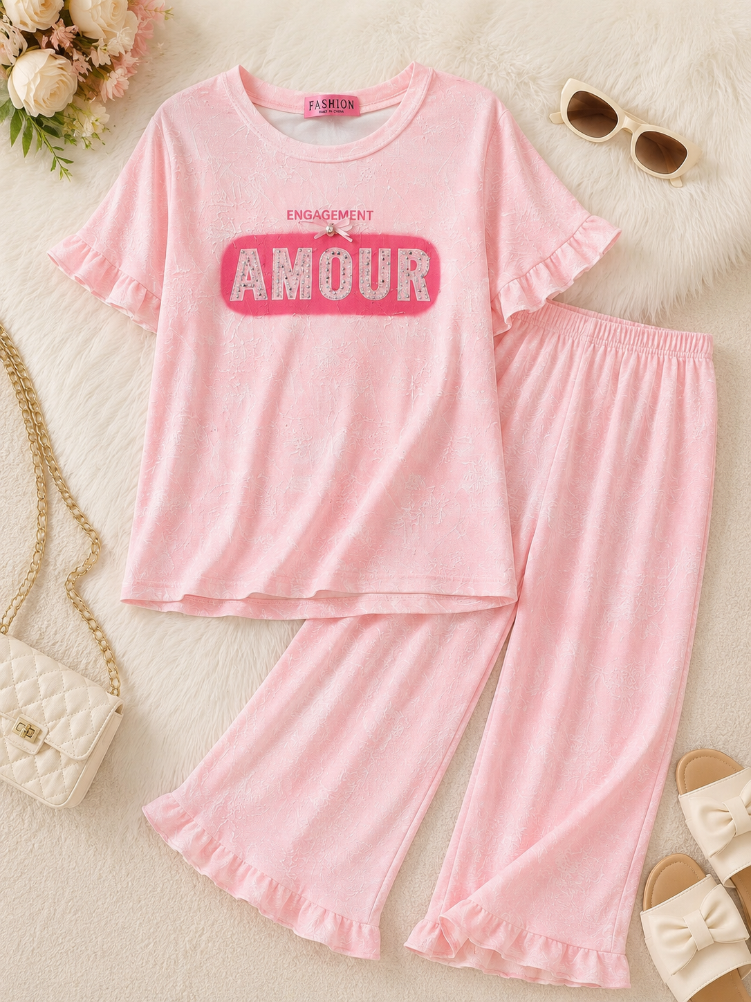 Girls Soft Pink Lounge Co-Ord Set – Printed Top & Wide Leg Pants