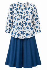 Girls Blue Floral Co-ord Set – Printed Top & Wide Leg Culotte Pants