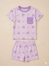 Girls Lavender Printed T-Shirt & Shorts Set – Casual Cotton Summer Outfit