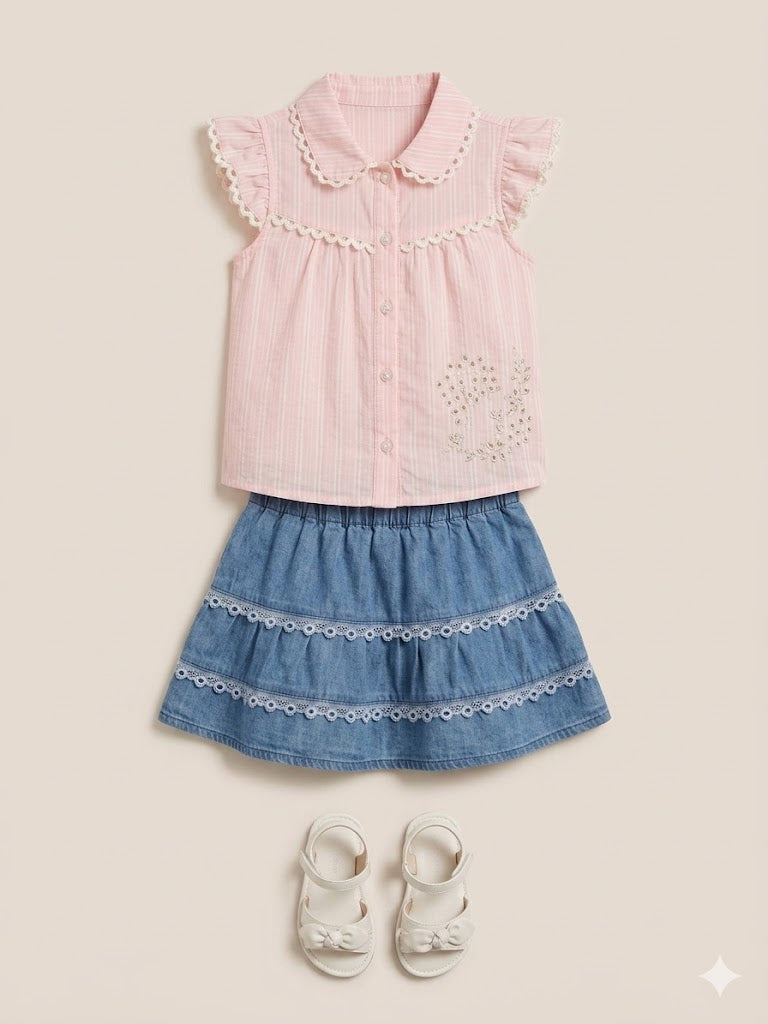 Girls Peach Top & Blue Check Skirt Set – Casual Cotton Summer Outfit