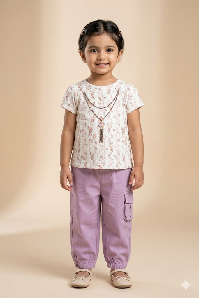 Girls Floral Printed Top & Lilac Pants Set – Elegant Summer Style
