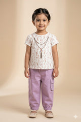 Girls Floral Printed Top & Lilac Pants Set – Elegant Summer Style