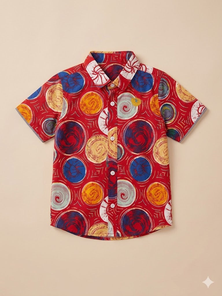 Boys Red Multi-Color Printed Shirt – Casual Cotton Short Sleeve Top