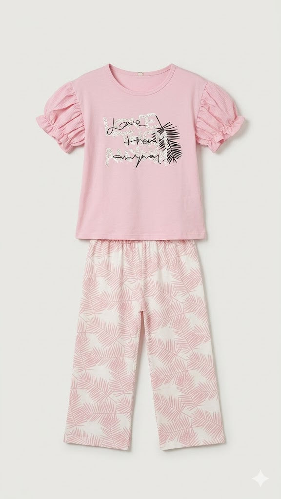 Girls Pink Printed Night Suit Set
