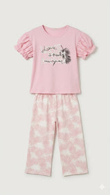 Girls Pink Printed Night Suit Set