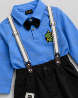 Boys Dino Formal Suspender Outfit – Full Sleeve Shirt, Bow Tie & Pants 4 Piece Set