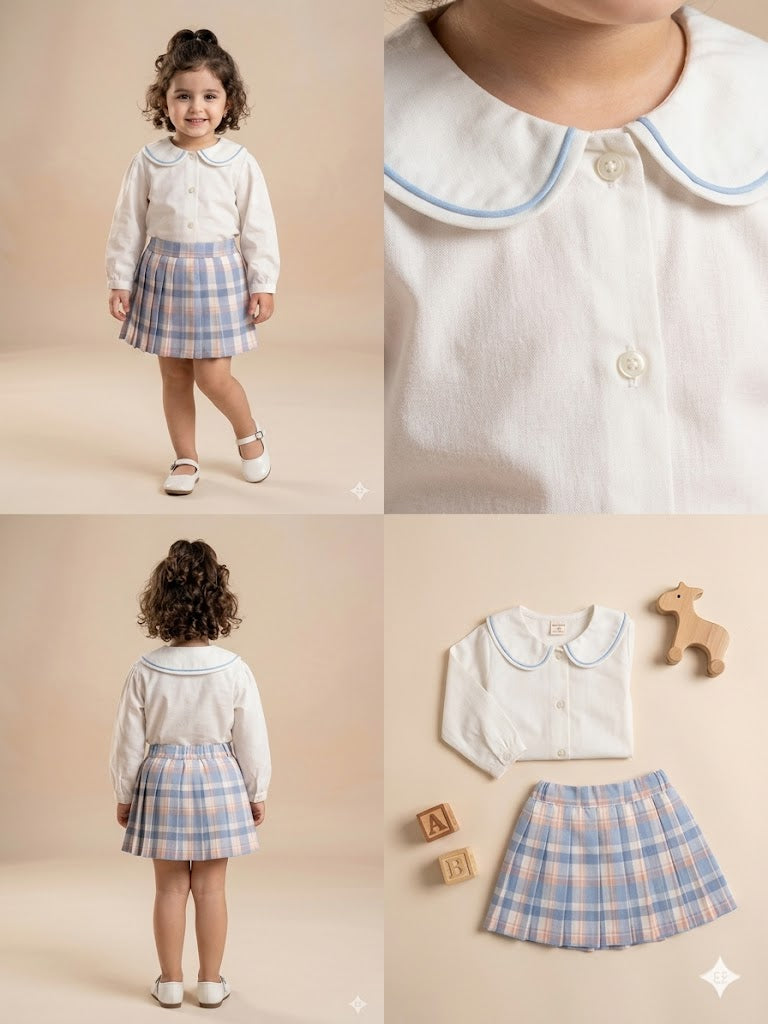 Girls Knit Top & Plaid Skirt Set – Soft Cotton Outfit (Cream & Blue)