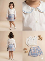 Girls Knit Top & Plaid Skirt Set – Soft Cotton Outfit (Cream & Blue)