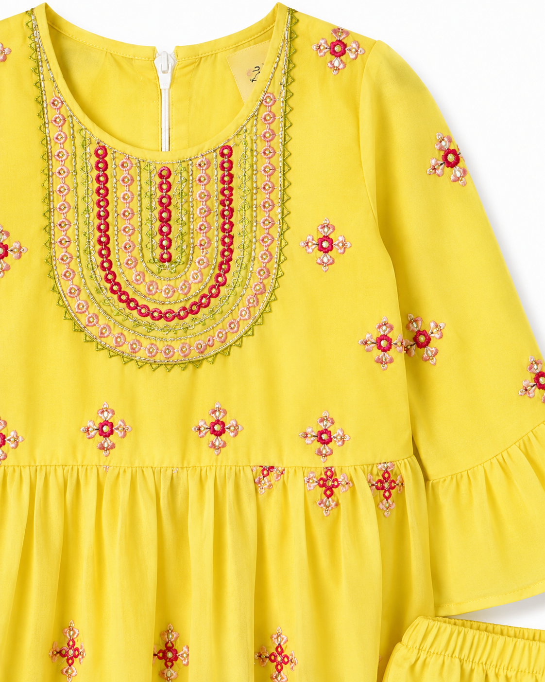 Girls Yellow Embroidered Flared Kurti & Gharara Set