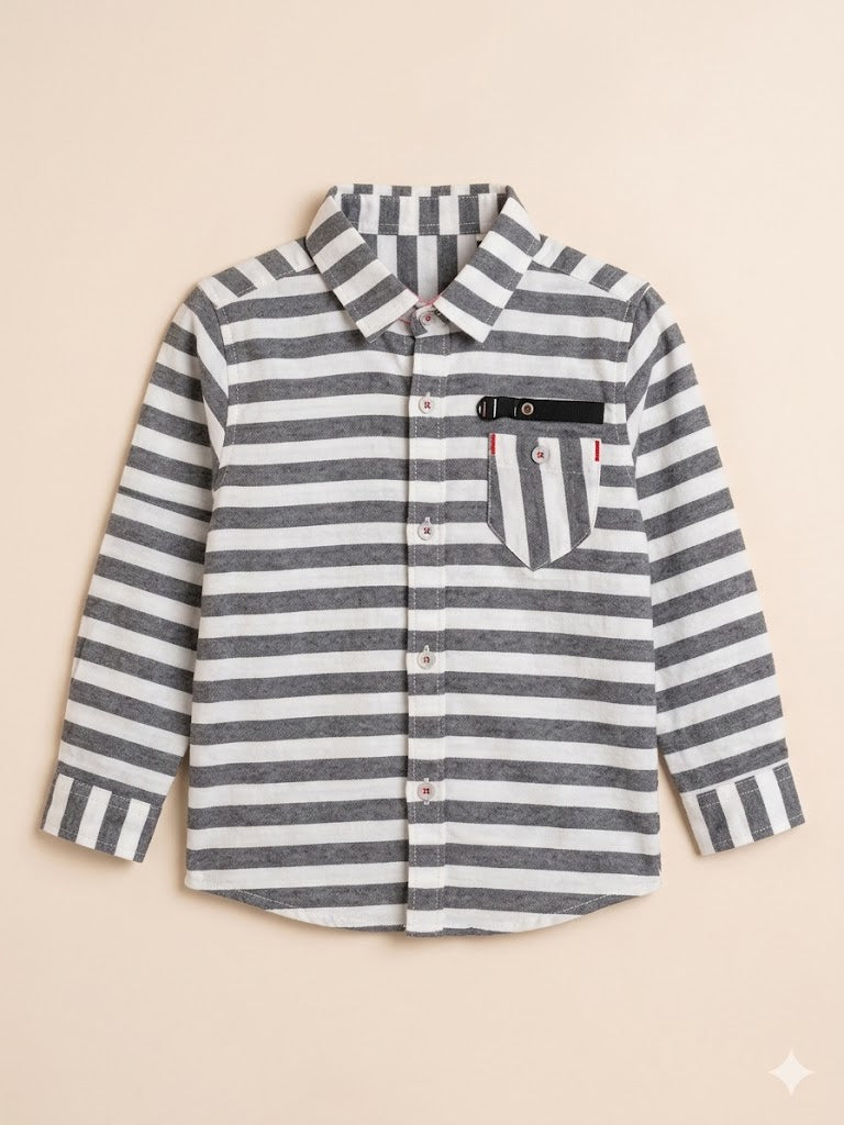 Boys Black & White Striped Shirt – Casual Cotton Long Sleeve Top