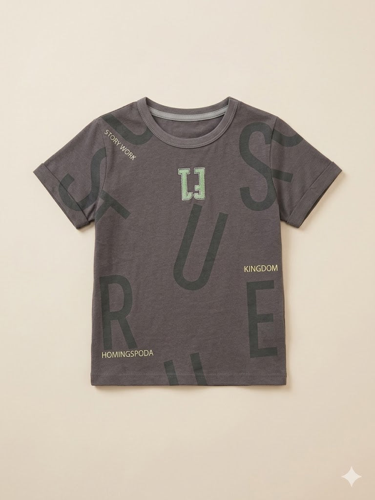 Boys Grey Printed T-Shirt – Casual Cotton Short Sleeve Top