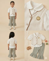 Girls Embroidered Waistcoat Top & Frill Pants Set – Beige & Olive