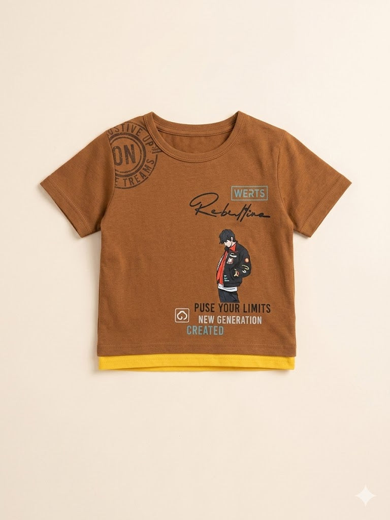 Boys Brown Graphic T-Shirt – Casual Cotton Short Sleeve Top