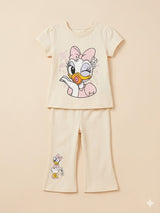 Girls Cream Cartoon Graphic T-Shirt & Trousers Set – Casual Cotton Outfit