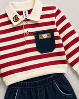 Kids Striped Polo Co-Ord Set – Full Sleeve Sweatshirt & Denim Jogger Pants (2 Pcs)