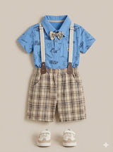 Boys Blue Shirt & Checked Shorts Set with Suspenders – Casual Summer Outfit