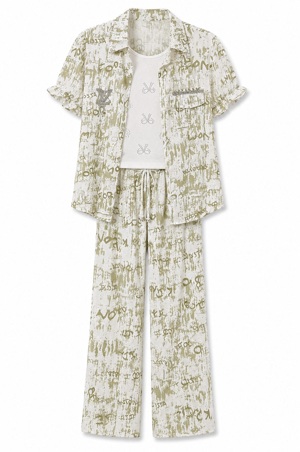 Girls Printed 3-Piece Co-ord Set – Graphic Shirt, Inner Top & Wide Leg Pants