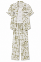 Girls Printed 3-Piece Co-ord Set – Graphic Shirt, Inner Top & Wide Leg Pants