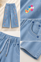 Girls Light Blue Embroidered Denim Culotte Pants – Wide Leg Jeans