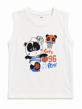 Kids White Sleeveless Panda Print Tank Top – Cute Basketball Summer Vest for Boys