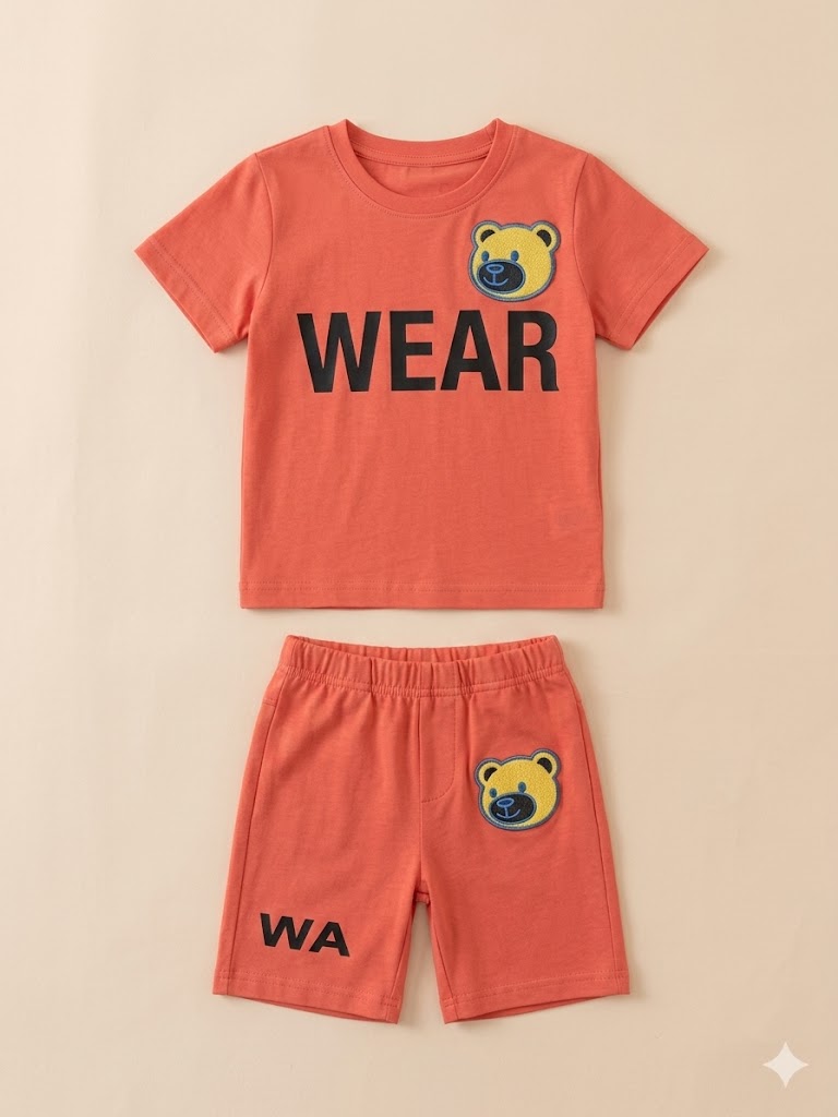 Boys Orange “Wear” Graphic T-Shirt & Shorts Set – Casual Cotton Summer Outfit