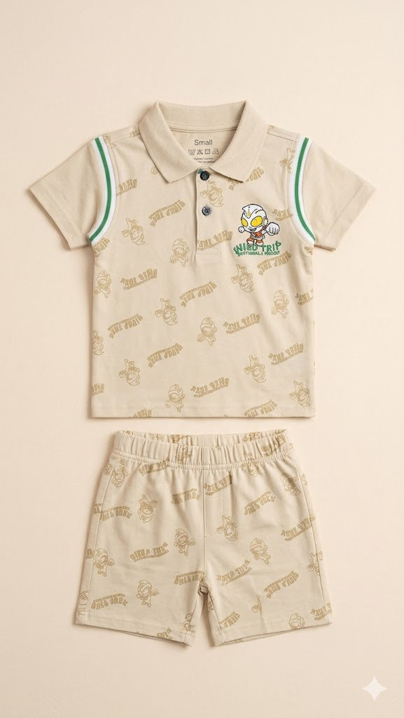 Boys Summer Co-Ord Set – Cotton Shirt & Shorts Outfit (Beige)