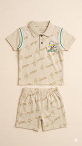 Boys Summer Co-Ord Set – Cotton Shirt & Shorts Outfit (Beige)