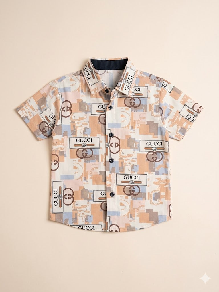 Boys Beige Printed Shirt – Casual Cotton Short Sleeve Top