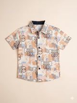 Boys Beige Printed Shirt – Casual Cotton Short Sleeve Top
