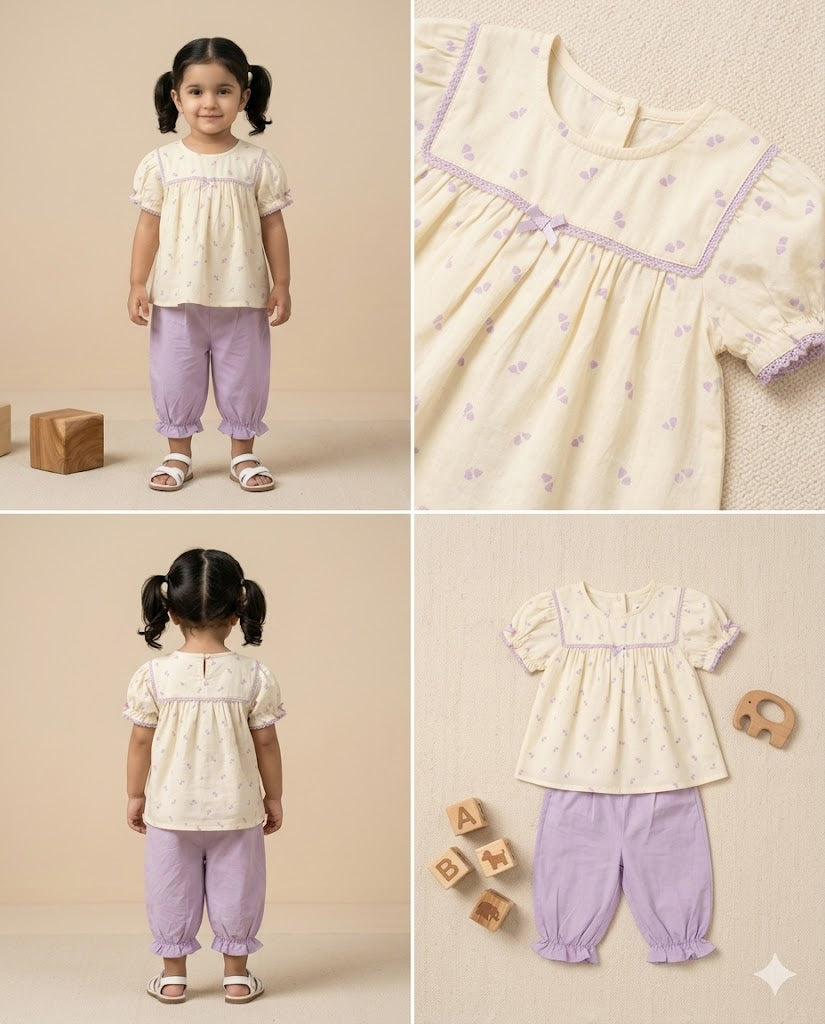 Girls Embroidered Peplum Top & Lavender Pants Set – 2-Piece Outfit