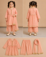 Girls Peach Embroidered 3 Piece Suit Set with Dupatta – Elegant Festive Ethnic Wear