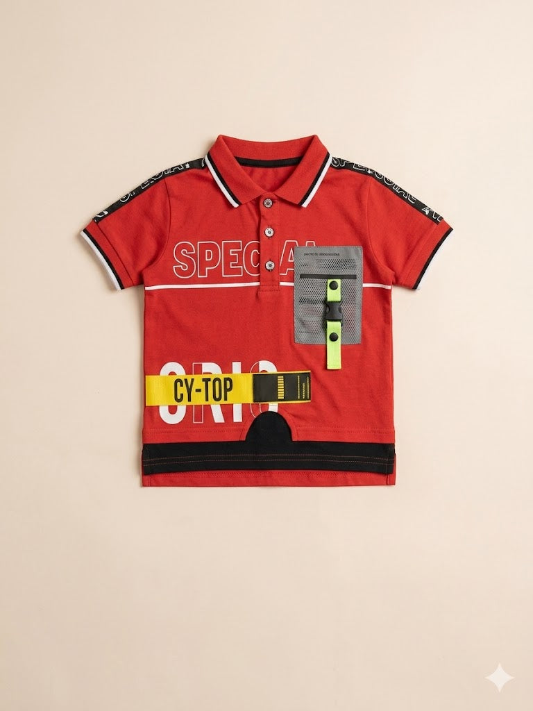 Boys Red Graphic T-Shirt – Casual Cotton Short Sleeve Top