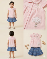 Girls Pink Button Top & Denim Frill Skirt Set – Cute Casual Style