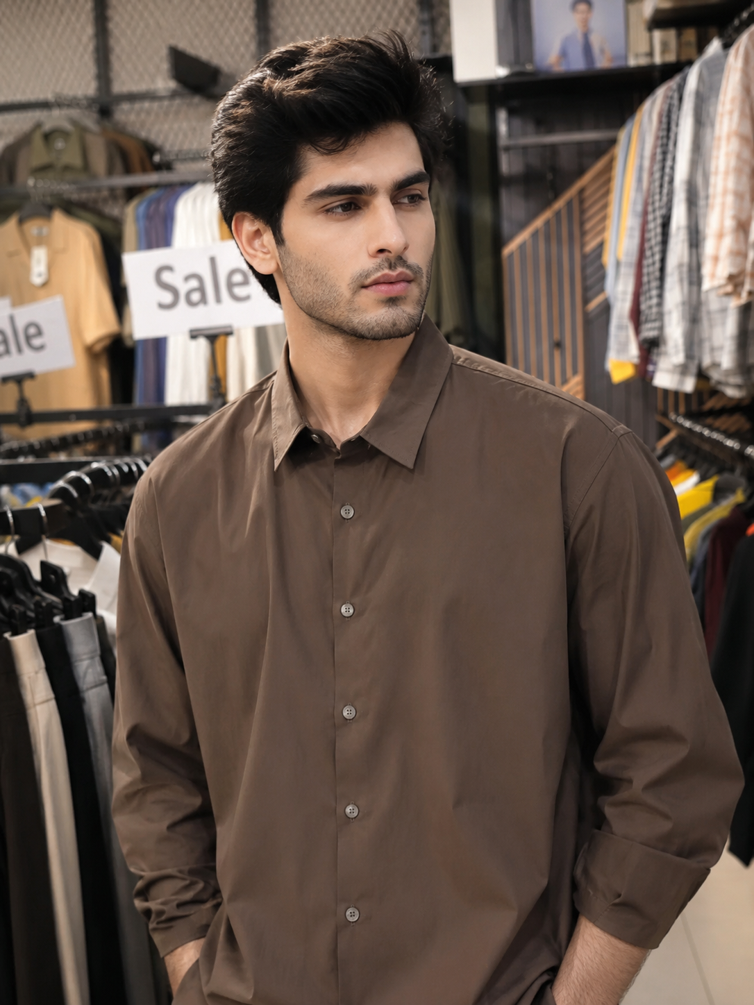 Men Cotton Shirt Brown