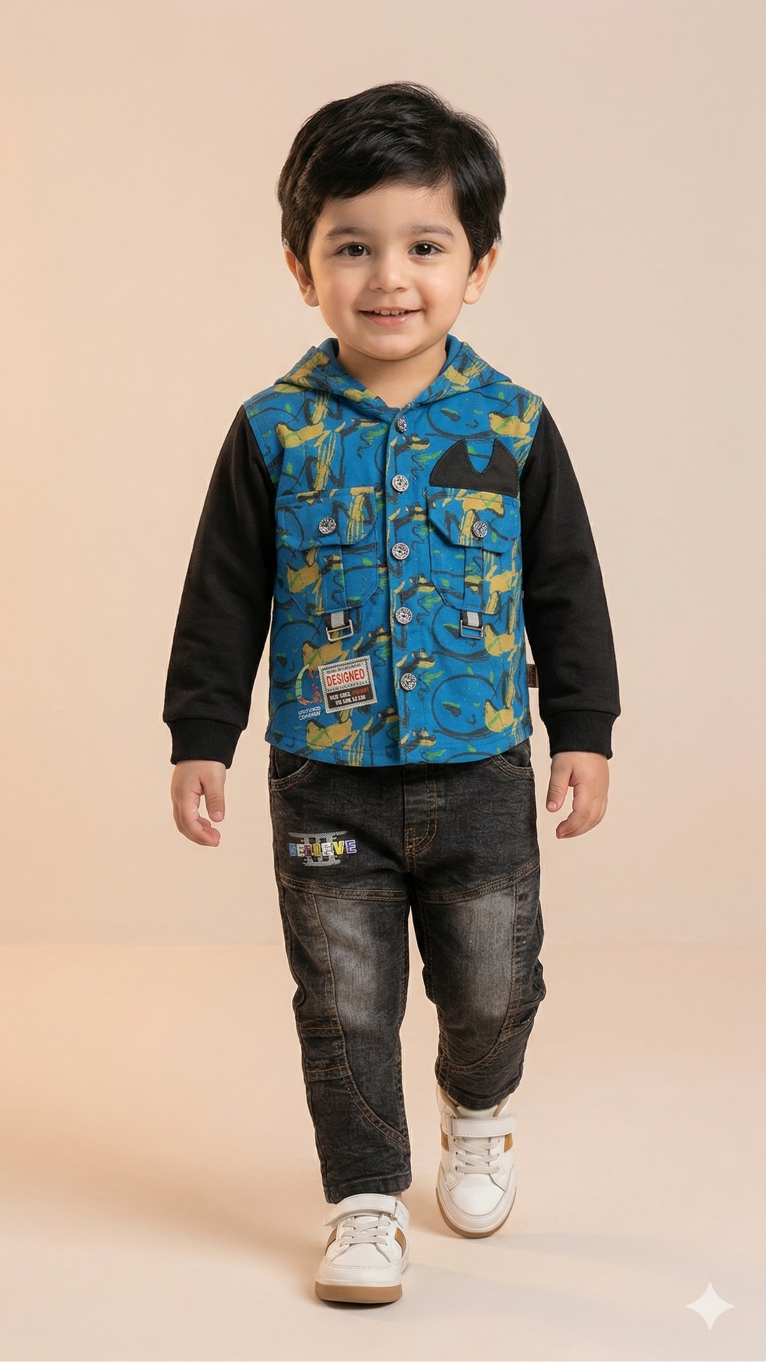 Boys Printed Jacket & Pants Set – Cotton Winter Outfit (Blue & Black)