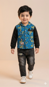 Boys Printed Jacket & Pants Set – Cotton Winter Outfit (Blue & Black)