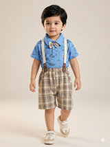 Boys Blue Shirt & Checked Shorts Set with Suspenders – Casual Summer Outfit