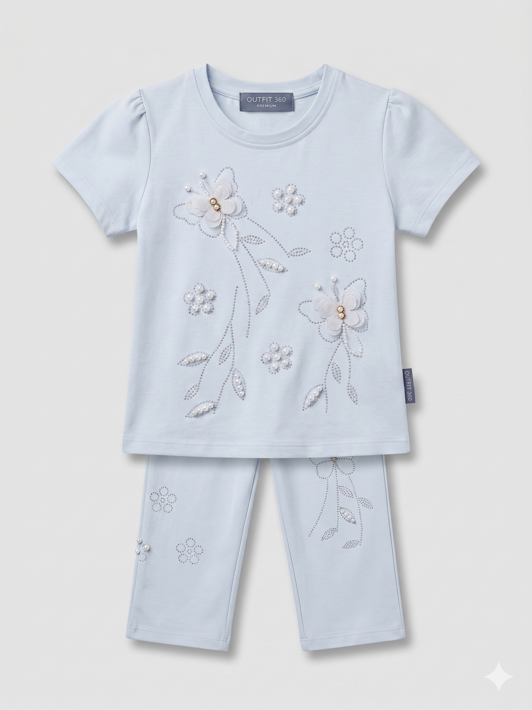 girls Light Blue Cartoon Print T-Shirt & Shorts Set – 2-Piece Summer Outfit
