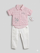 Girls Pink Check Shirt & White Trouser Set – Smart Casual 2-Piece Outfit